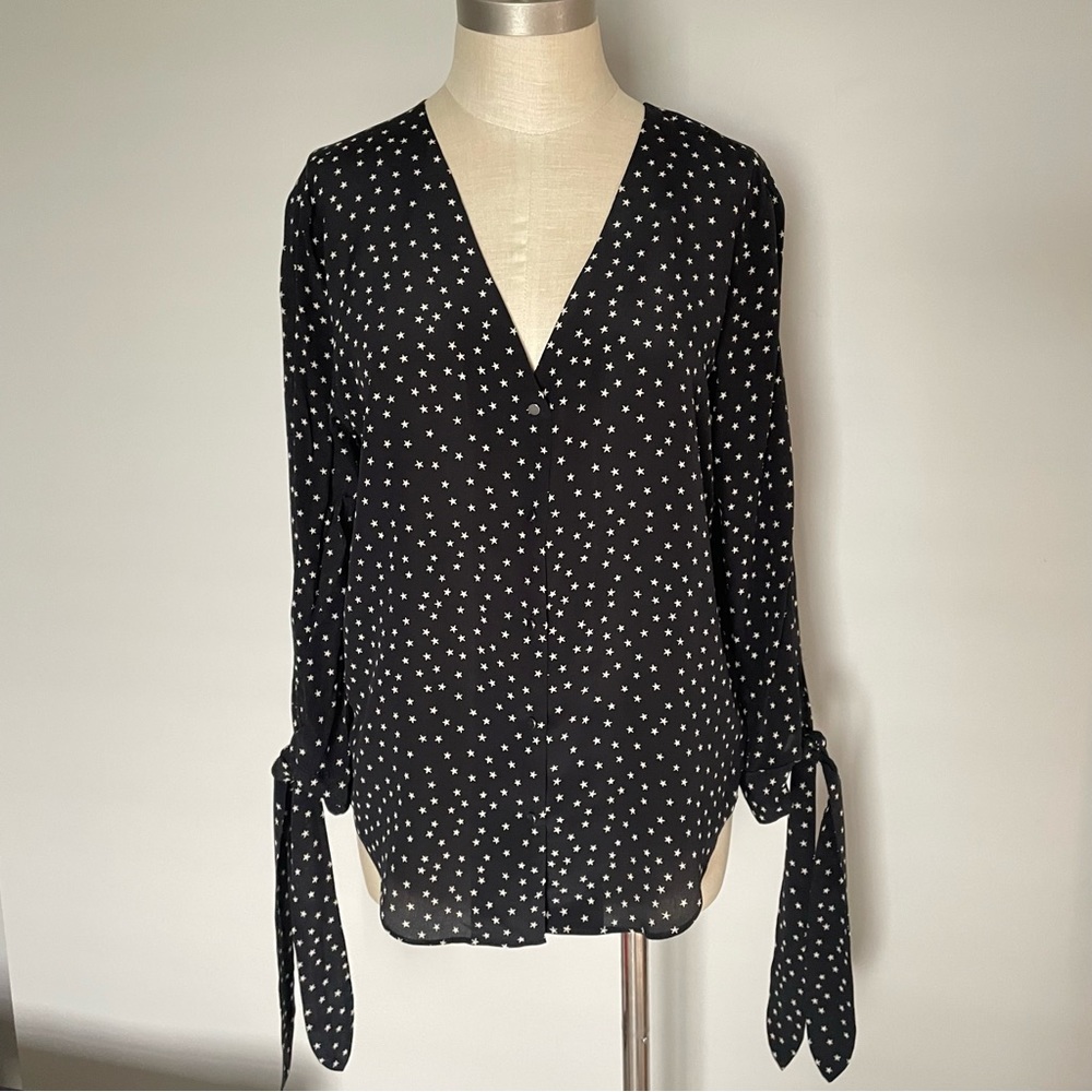 Madewell black with stars silk tie cuff blouse size M